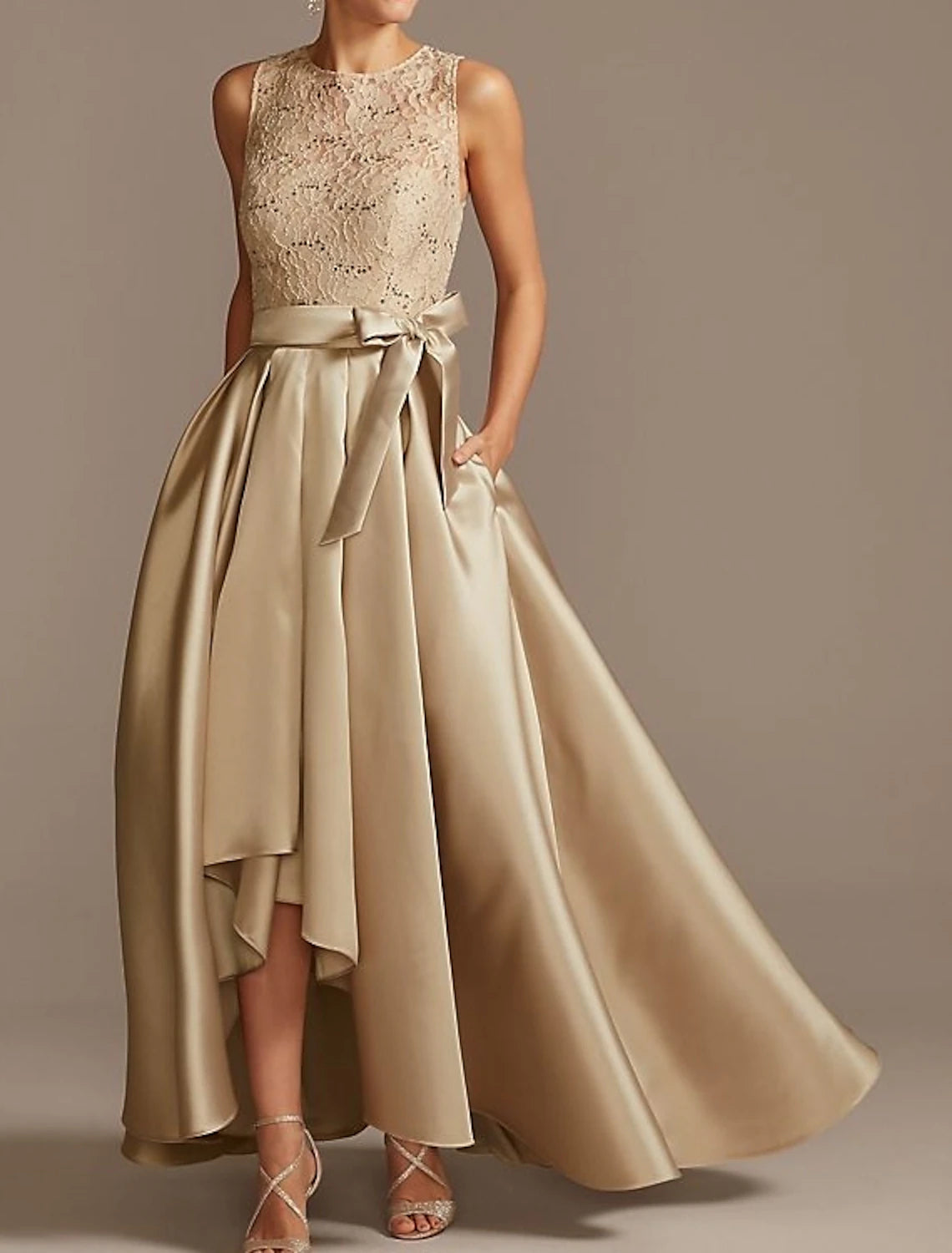 A-Line Mother of the Bride Dress Wedding Guest Elegant Asymmetrical Satin Lace with Bow(s) Pleats