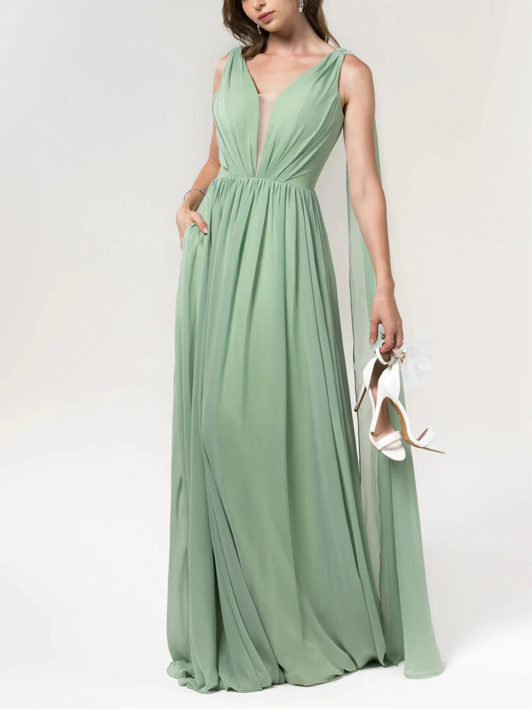 A-Line/Princess V-Neck Floor-Length Chiffon Bridesmaid Dresses Wedding Guest Dresses