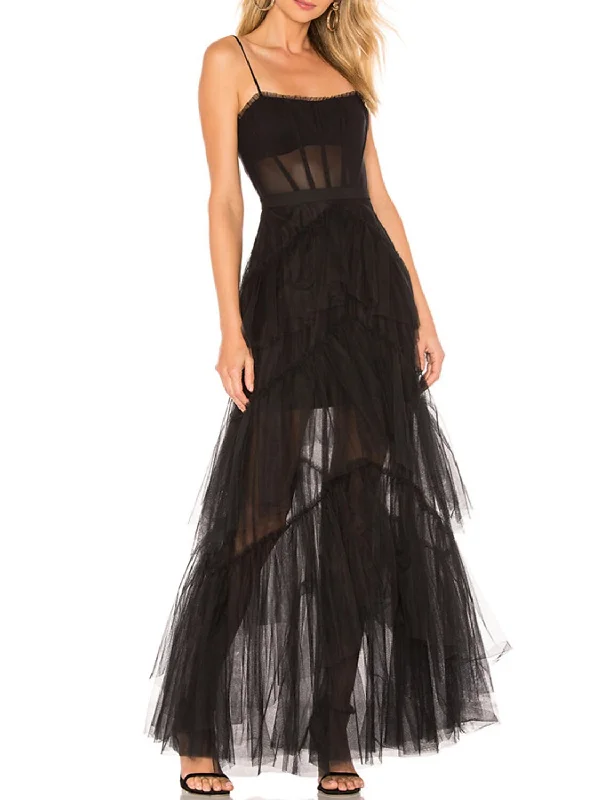 A-Line Prom Dresses Corsets Black Dress Wedding Party Floor Length Sleeveless Spaghetti Strap Tulle with Fringe