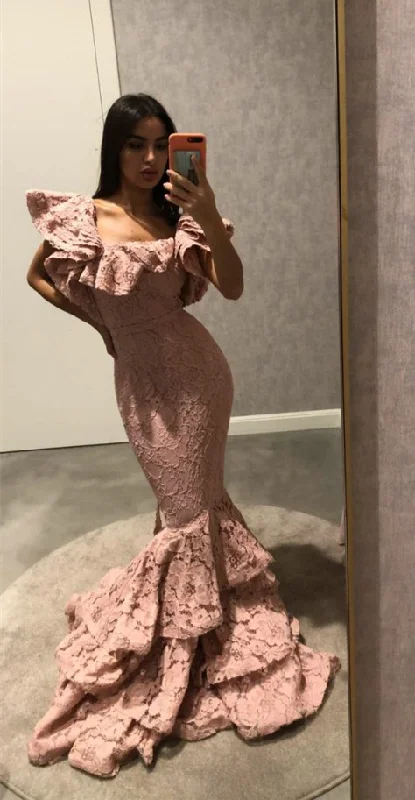 Dusty Pink Mermaid Long Prom Dress with Ruffles,DP787