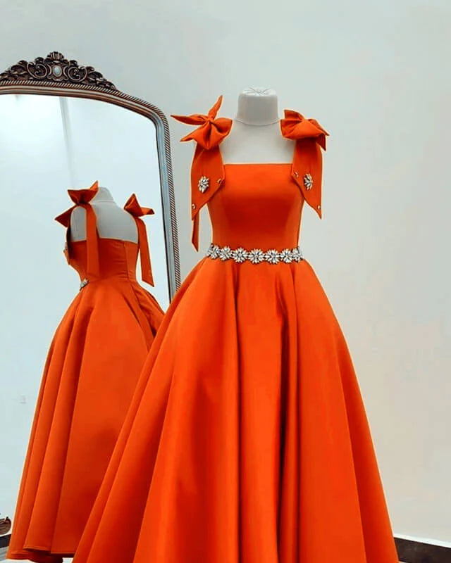 Ball Gown Orange Satin Dress With Straps A-Line Princess Prom Dresses