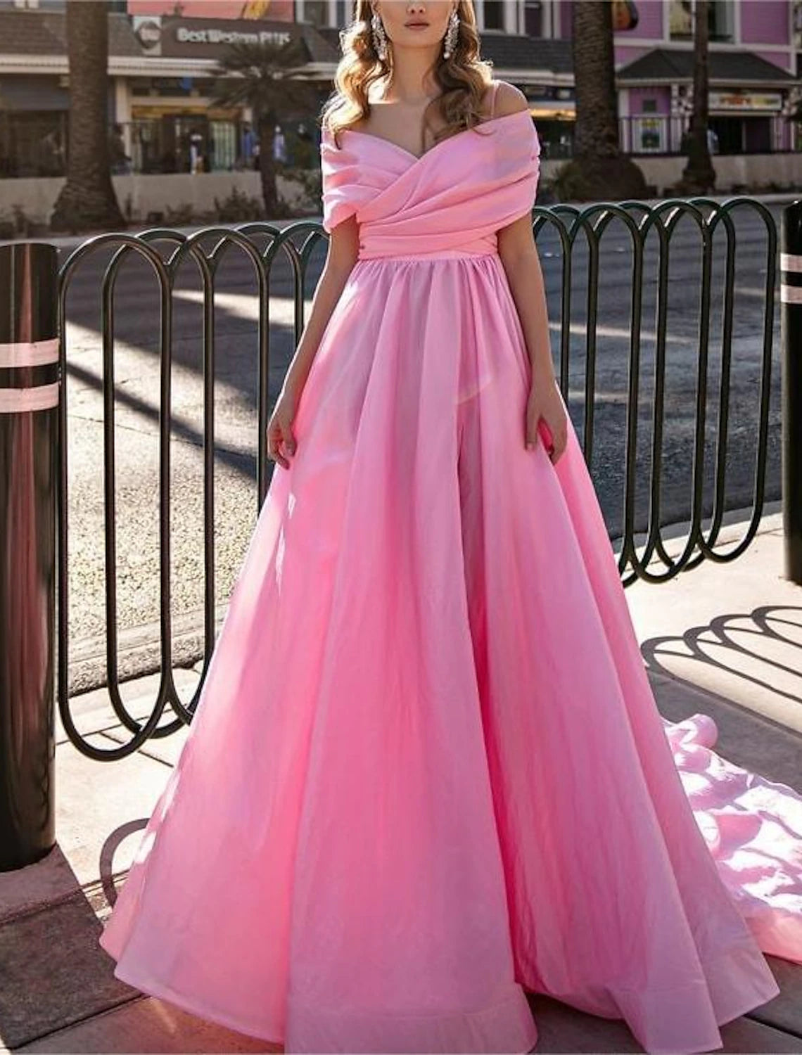 Ball Gown Prom Dresses High Split Dress Wedding Prom Court Train Short Sleeve Off Shoulder Stretch Chiffon with Slit