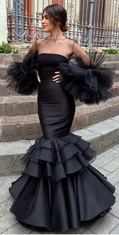 Black Charming Mermaid Tulle Ruffles Long Prom Dress Formal Party Dress,DP331