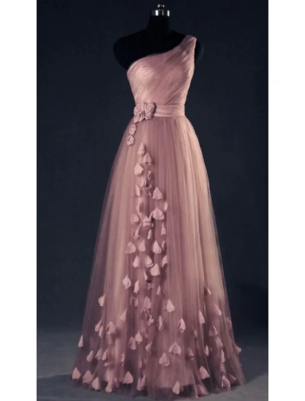 One Shoulder A-Line Tulle Long Prom Dress Formal Party Dress,DP1456