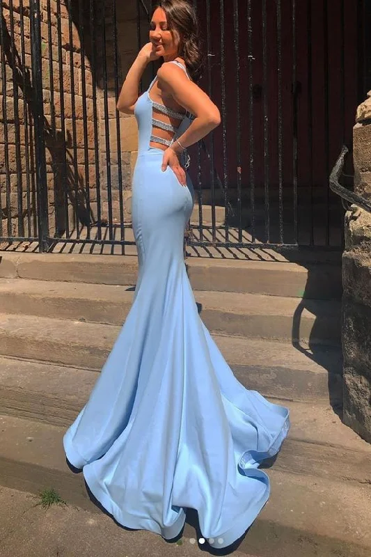 Elegant Blue Satin Mermaid Sleeveless Long Prom Dress Evening Dress,DP588