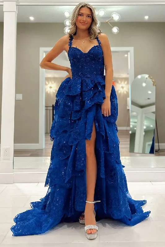 Royal Blue Tulle Sequin Ruffle Tiered Long Prom Dress,DP824