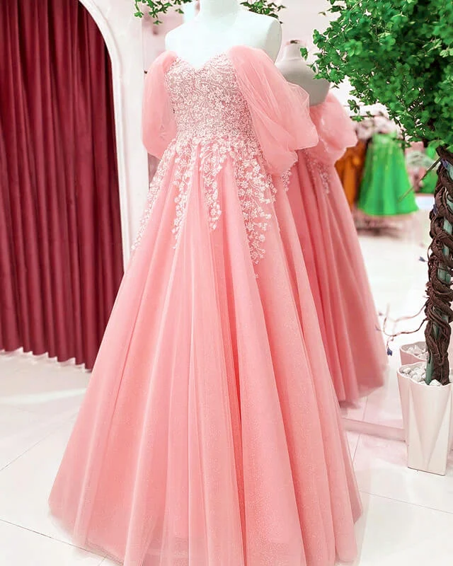 Blush Tulle A-line Off Shoulder Appliques Dress Floor-length Prom Dresses