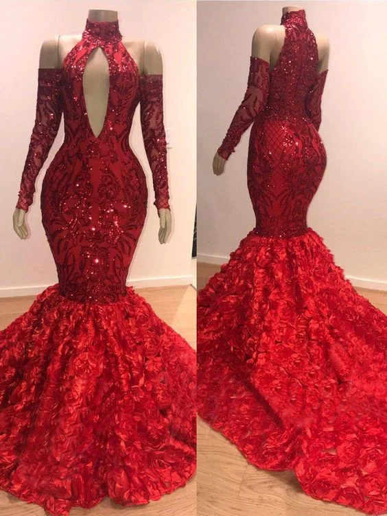 Burgundy High Collar Long Sleeves Prom Dress Mermaid Sequins,DP329