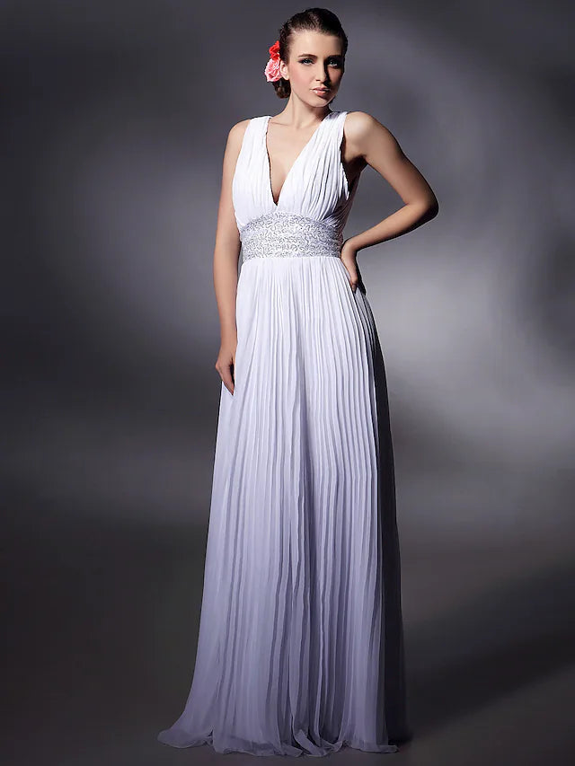 Celebrity Style Dress Prom Floor Length Sleeveless Plunging Neck Chiffon with Beading Draping