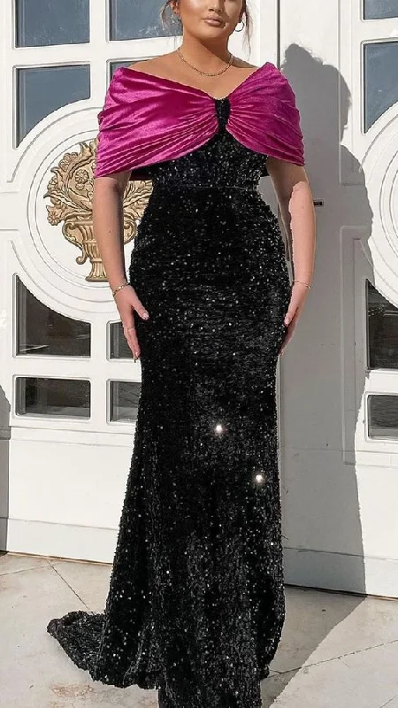 Chic & Modern Off-Shoulder Sequins Black Long Formal Prom Dress,DP0257