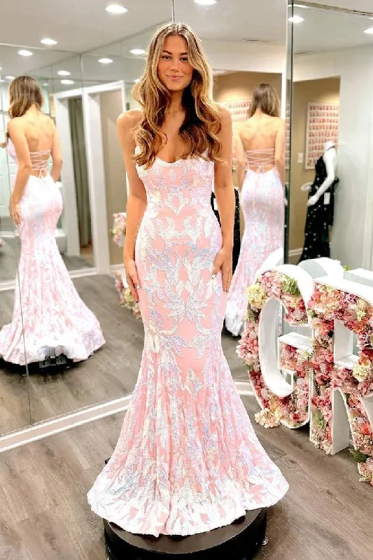 Cute Mermaid Blush Pink Satin Prom Dresses with Sequins Lace,DP377