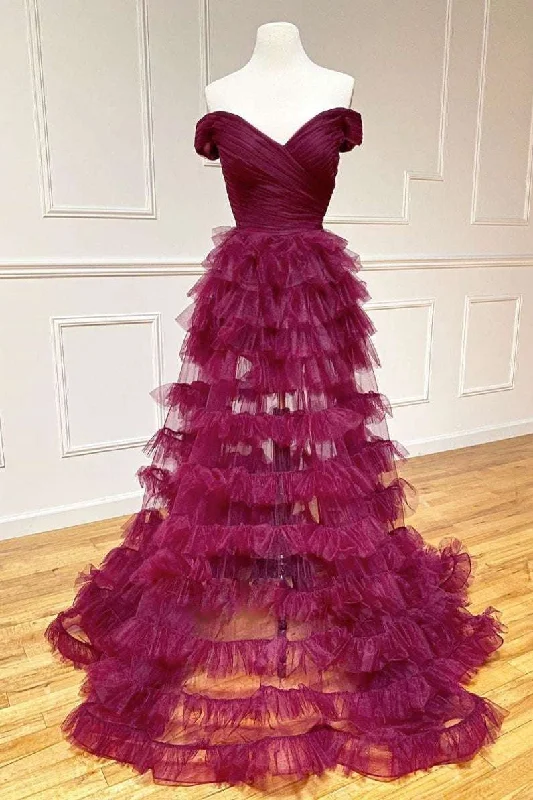 Dark Berry A-Line Off Shoulder Pleated Sheer Tulle Tiered Long Prom Dress,DP1556