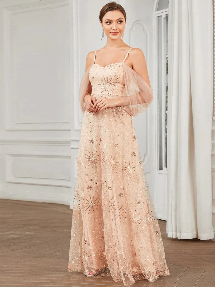 Draped Tulle Cold Shoulder Sequin A-Line Evening Dress