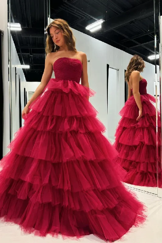 Elegant A-Line Strapless Tulle Tiered Long Prom Dress Evening Gown,DP1708