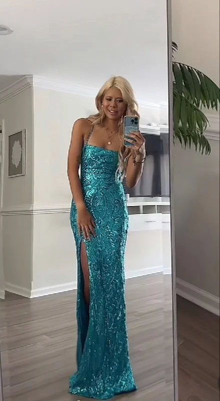 Elegant Blue Sequins Straps Mermaid Long Formal Prom Dress DP3864