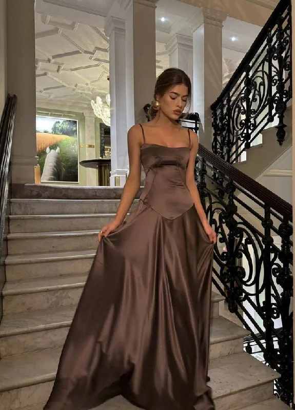 Elegant Brown Spaghetti Straps A-Line Satin Long Prom Party Dress DP3851