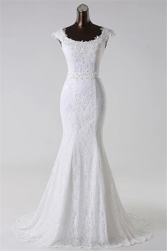 Elegant Jewel Long Lace Mermaid Wedding Gown With Appliques