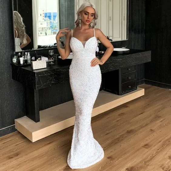 Evening Dresses White Halter Sequined Mermaid Banquet Party Dresses,DP643