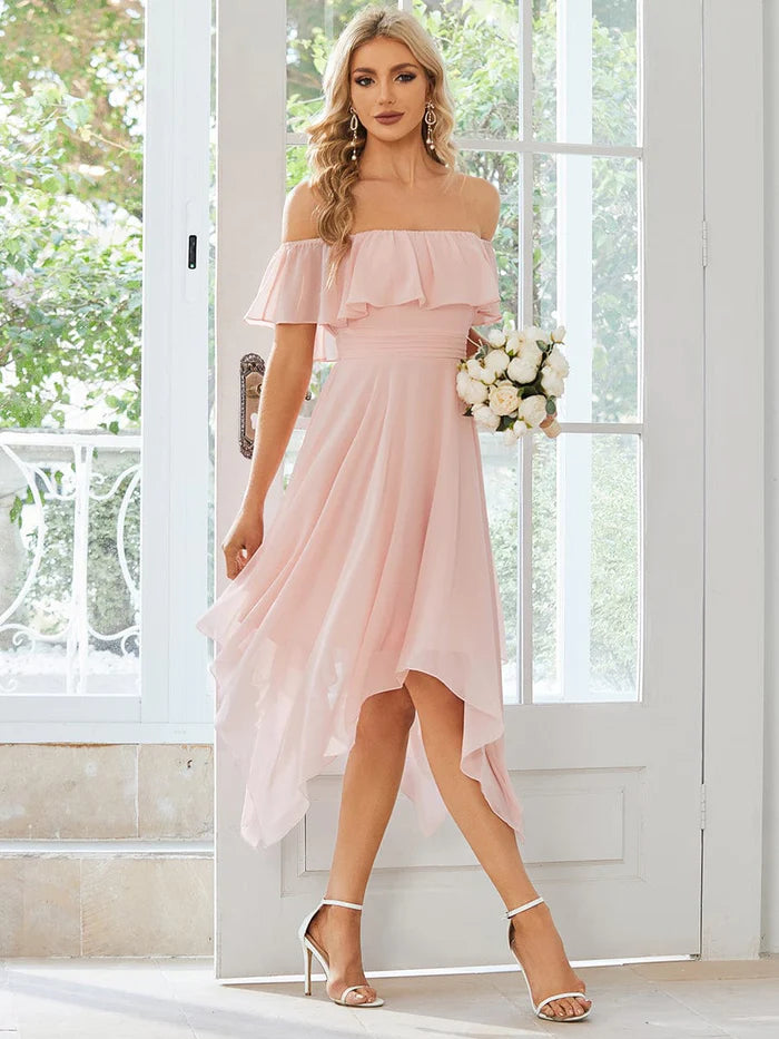 Flowy Off-The-Shoulder Bridesmaid Dress with Asymmetrical Hemline