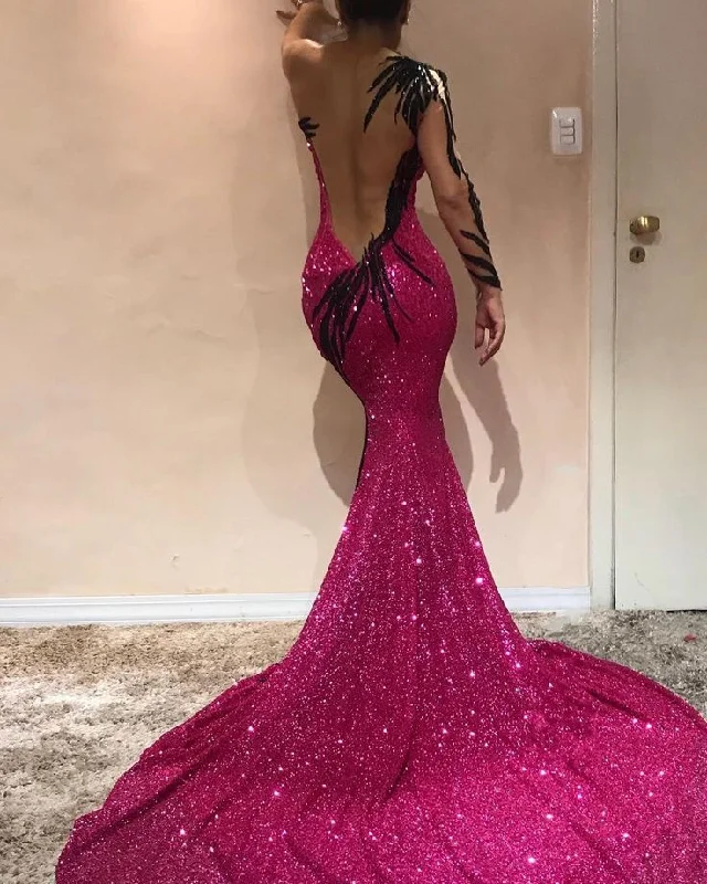 Glitter Mermaid One-shoulder Long Sleeve Backless Paillette Prom Dress,DP448