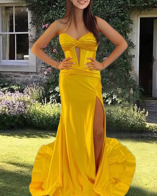 Gold Mermaid Sweetheart Split Dress Prom Dresses with Sweep Train