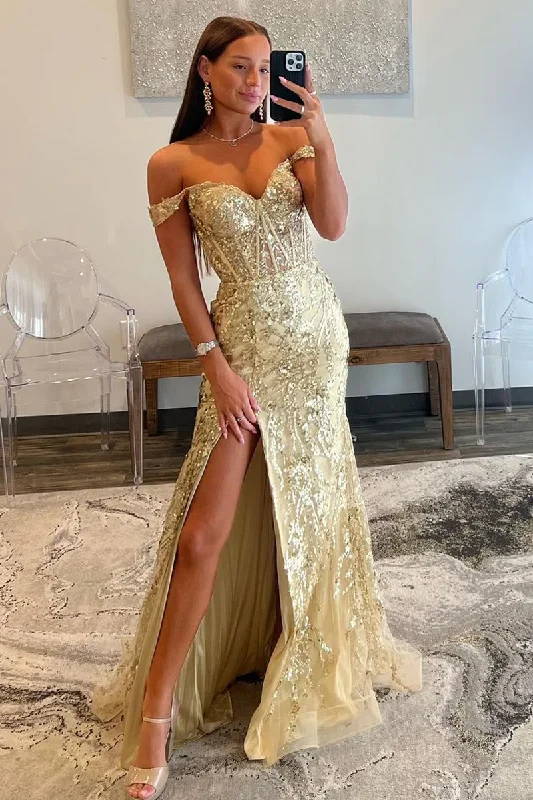 Gold Sequin Lace Off the Shoulder Mermaid Prom Dress,DP0190