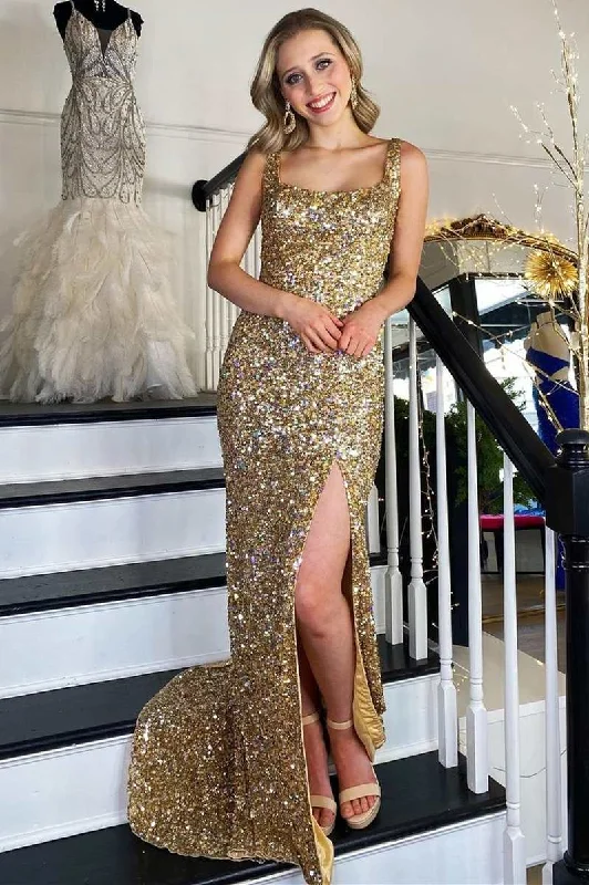 Gold Sequin Square Neck Backless Mermaid Long Formal Dress with Slit,DP048