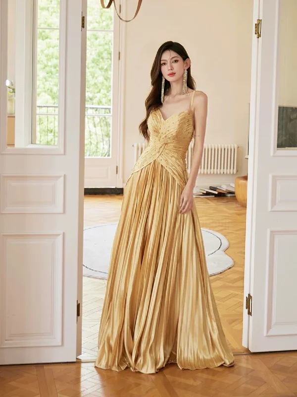 Gold Unique A-Line Beading Satin Long Prom Dress,DP1651