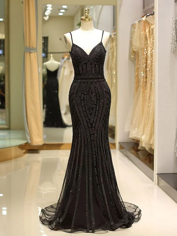 Gorgeous Black Evening Dresses Mermaid Luxury Heavy Beaded Straps Long Formal Evening Dress,DP338