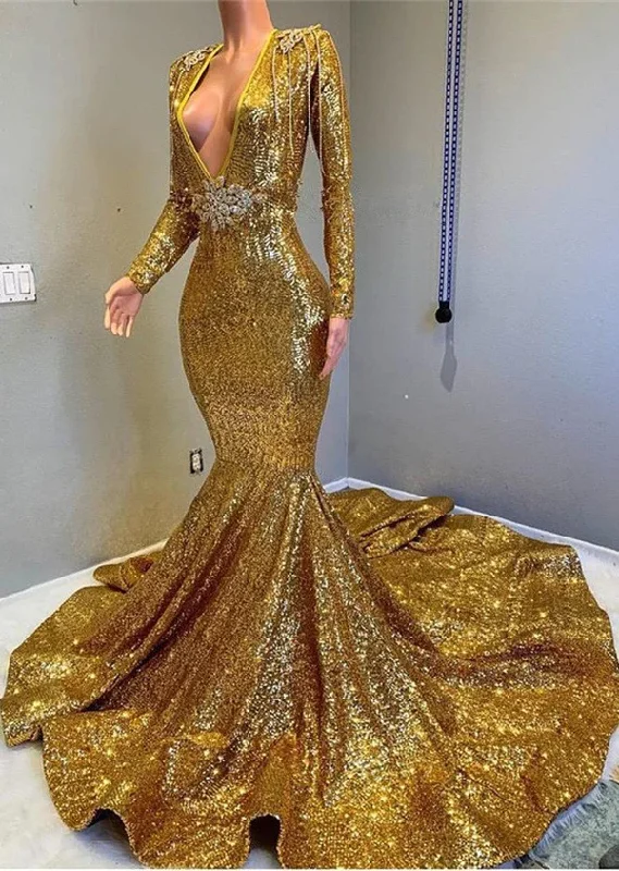 Gorgeous Gold Sequins Long Sleeves Prom Dress Mermaid Deep V-Neck,DP862