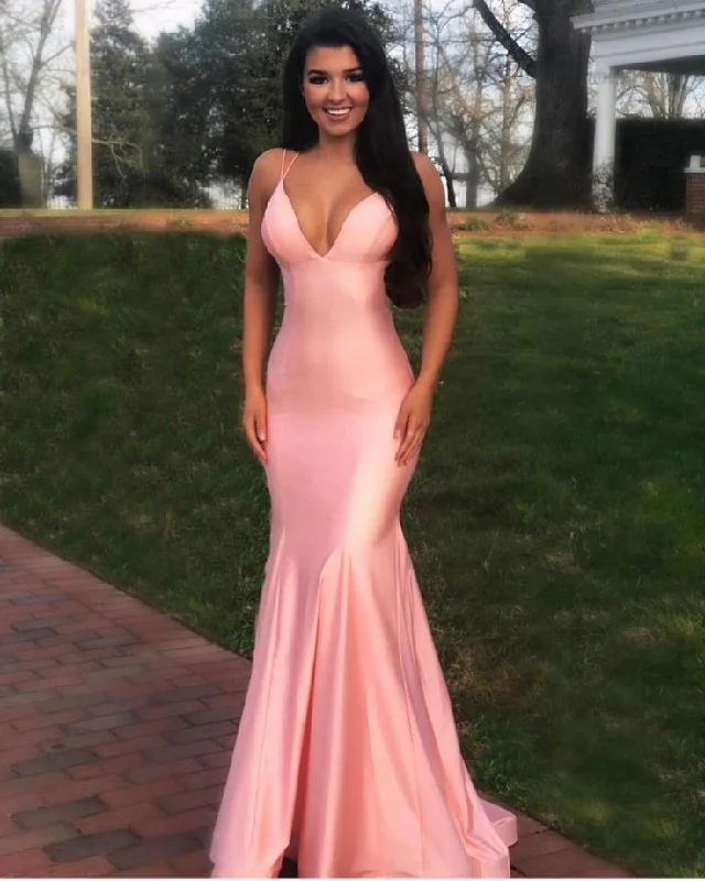 Gorgeous V Neck Mermaid Pink Long Prom Dress With Crossing Back Straps,DP0258