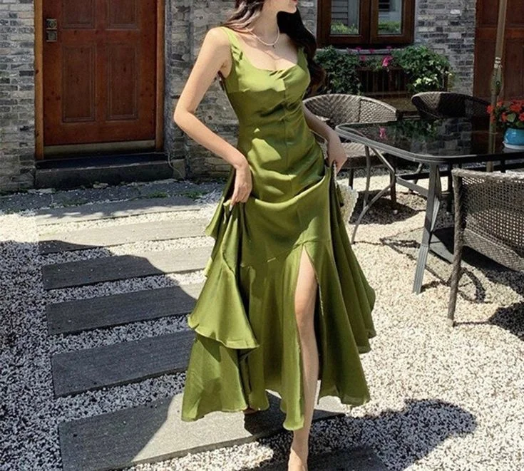 Green Backless Ruffles A-Line Long Prom Dress,DP1641