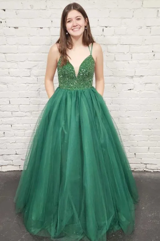 Green Tulle Sequin Lace-Up Back A-Line Prom Gown,DP037