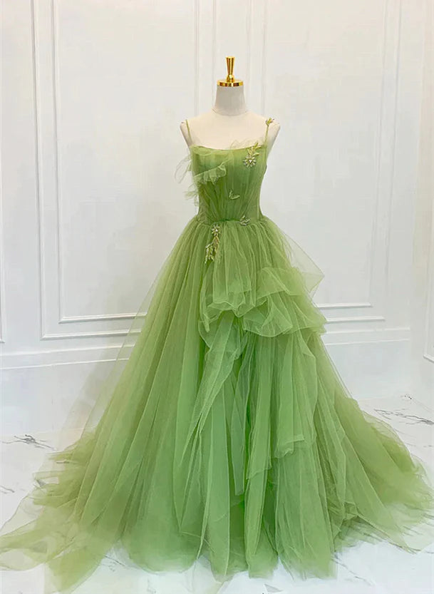 Green Tulle Straps Long Party Dress Green Tulle Lace Prom Dress