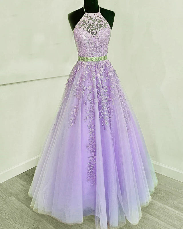 Halter Prom Dresses Tulle Ball Gown Appliques A-Line Princess