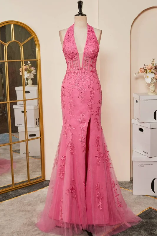 Hot Pink Halter Lace Long Prom Dress Mermaid Formal Dress with Appliques,DP892