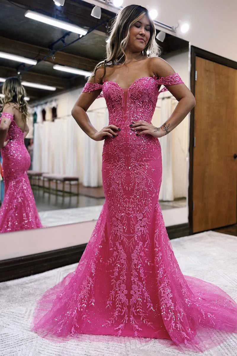 Hot Pink Off the Shoulder Sequin Lace Long Mermaid Prom Dress