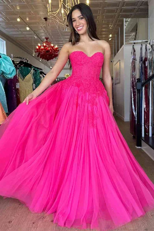 Hot Pink Sweetheart A-Line Strapless Long Party Dress with Appliques,DP1575