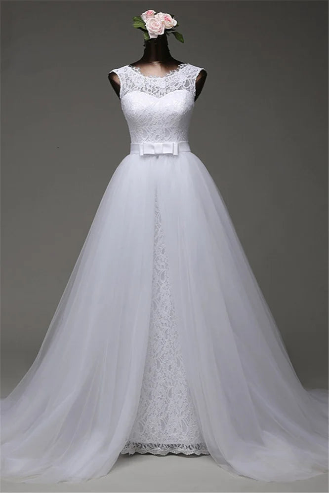 Jewel Sleeveless Lace Long Wedding Gown With Overskirt