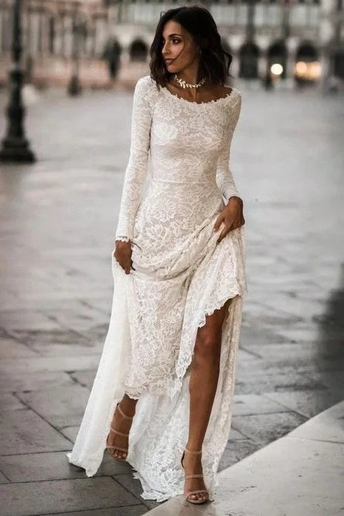 Lace Full Sleeves WeddingDress Lace Gowns with Sweep Train