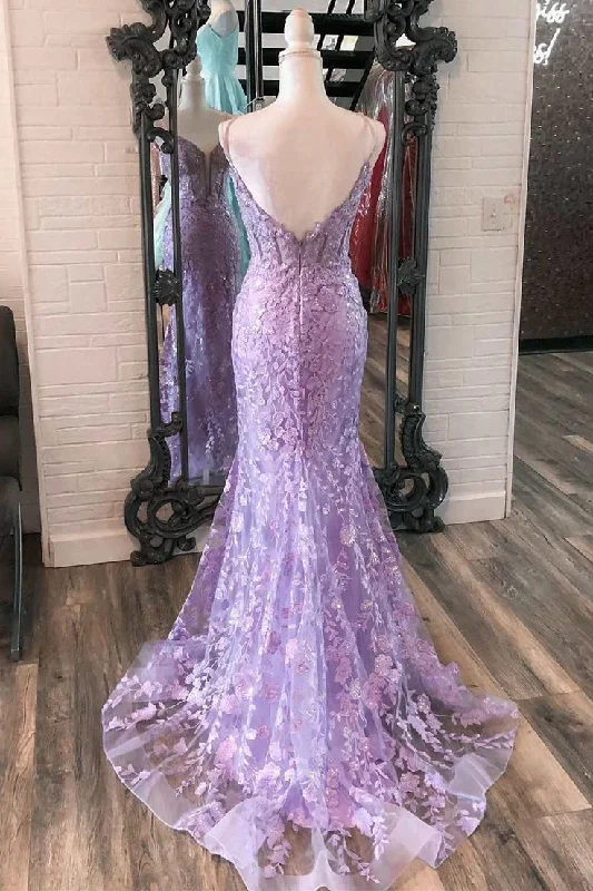 Lavender Floral Appliques Split Neck Mermaid Long Prom Dress,DP359