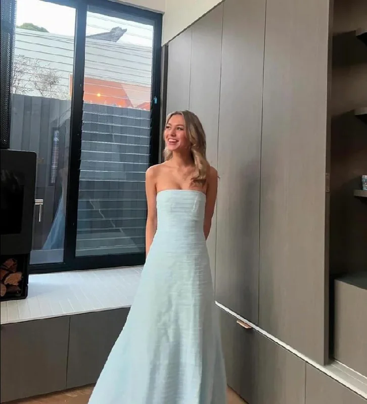 Light Blue Strapless A-Line Long Party Dress Wedding Guest Dress, DP3381