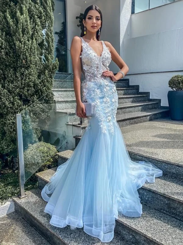 Light Blue V Neck Mermaid Appliques Long Prom Dresses,DP642