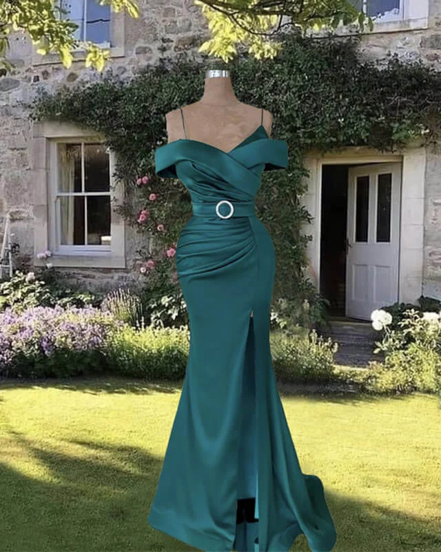 Mermaid Dark Green Cold Shoulder Satin Ruched Floor-length Prom Dresses