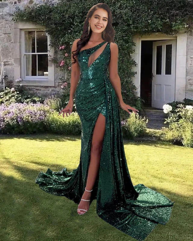 Mermaid Emerald Green Sequin One Shoulder Dress Cutout Prom Dresses with Sweep Train