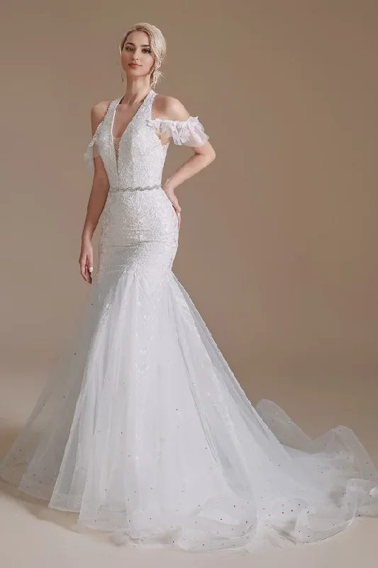 Mermaid Halter Tulle Wedding Dress Lace Appliques