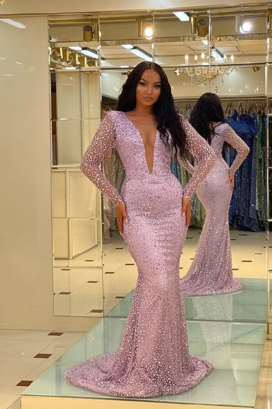 Mermaid Long Sleeves Deep V-Neck Prom Dress With Crystal,DP865