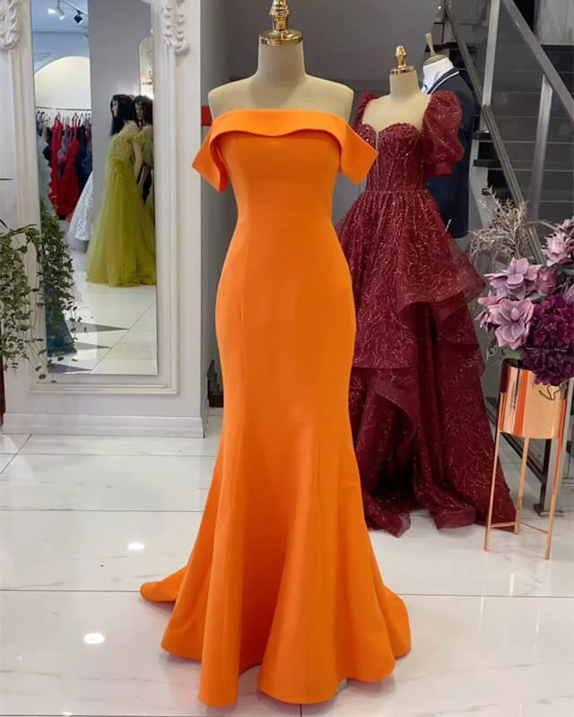 Mermaid Off-The-Shoulder Orange Satin Floor-length Prom Dress