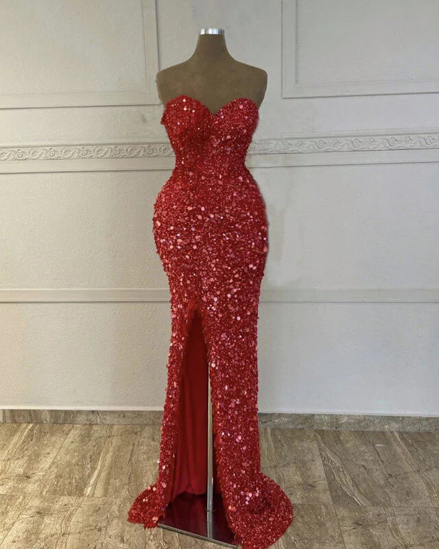 Mermaid Red Sequin Strapless Gown Prom Dresses With Slit