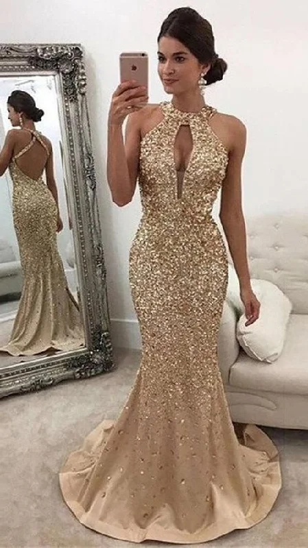 Mermaid Sleeveless Halter Sequins Golden Open Back Sweep Train Satin Prom Dresses,DP0246